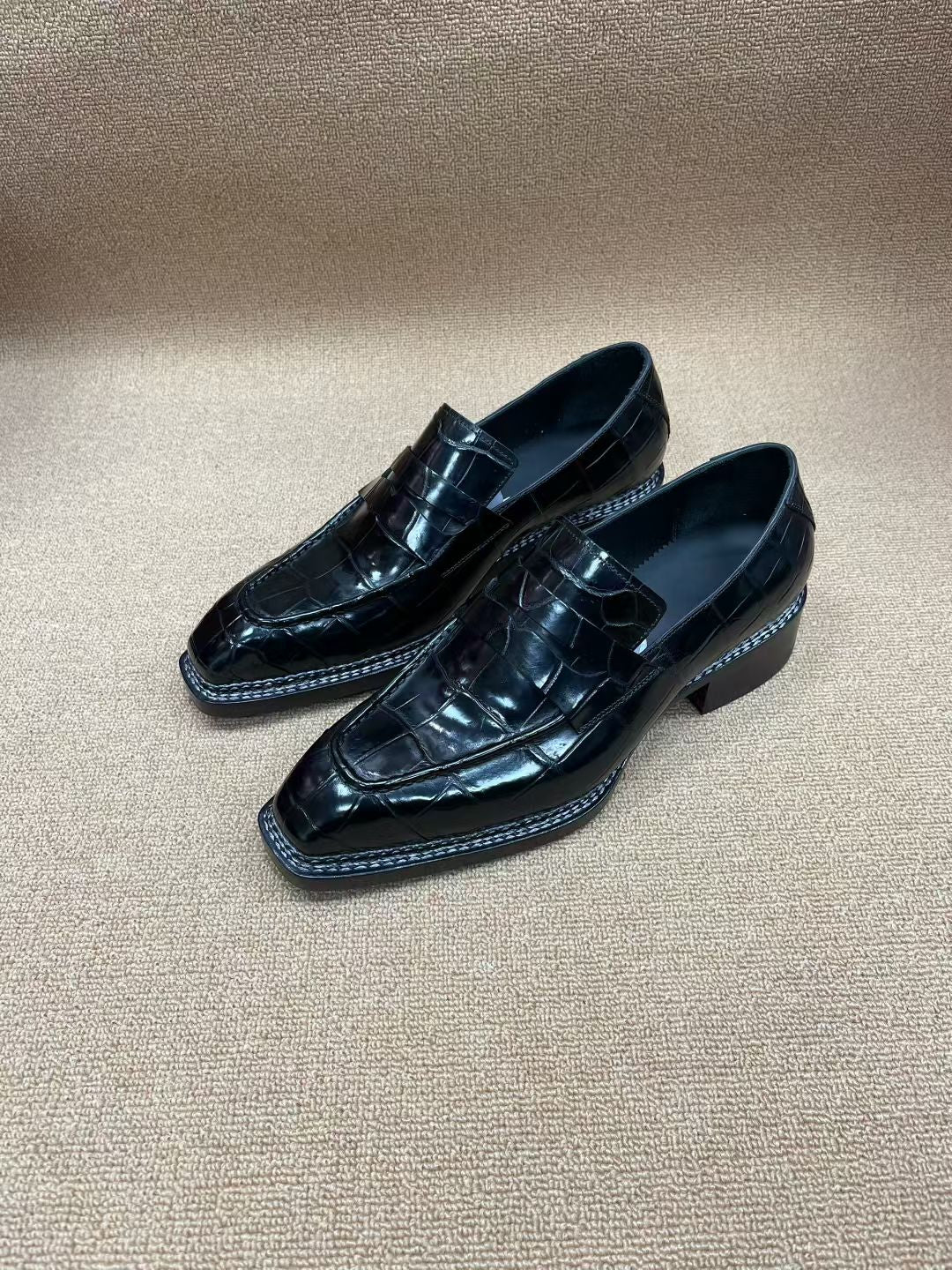 Preorder Crocodile Shoes Black Crocodile Leather Norwegian Sewn Dress Loafer Shoes