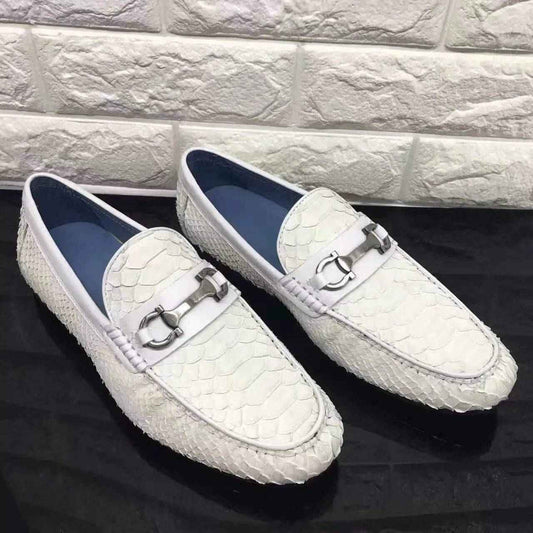 Crocodile Shoes Silver Buckle Python Leather Casual Dress Slip-On Loafer Shoes