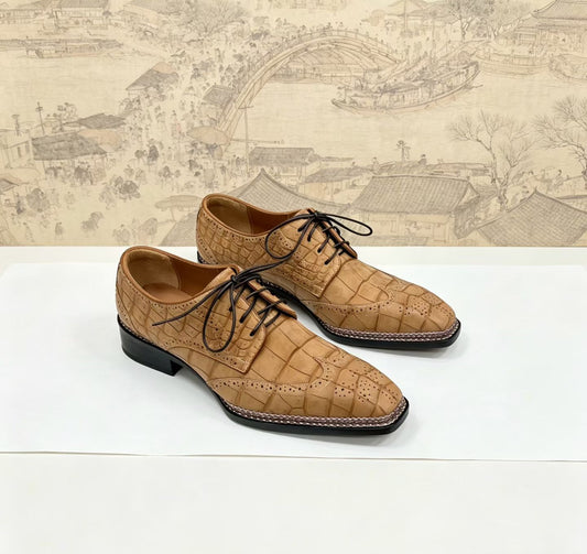 Crocodile Shoes, Scarpe da uomo in nabuk e pelle di coccodrillo con lacci, eleganti
