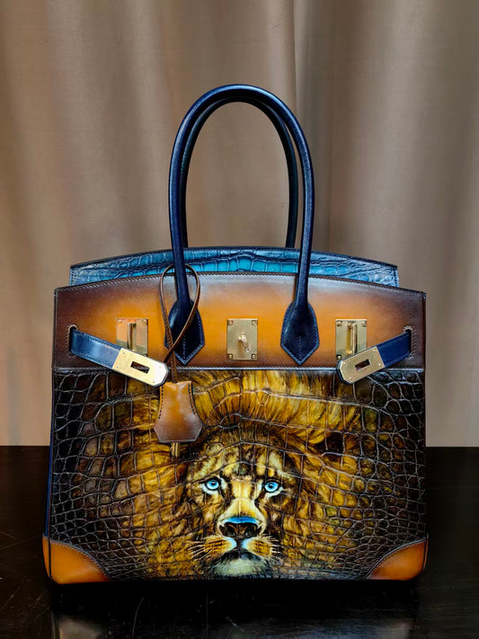 Borsa business vintage in vera pelle di coccodrillo 40 cm con lucchetto oversize, da ufficio
