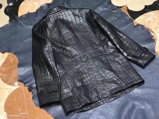 Exotic Crocodile Skin Black Long Windbreaker With Zip for Men