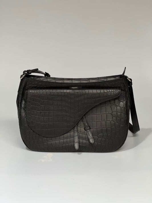 Genuine Crocodile Leather Saddle Cross Body Handle Bag Black