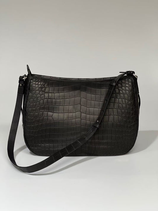 Genuine Crocodile Leather Saddle Cross Body Handle Bag Black