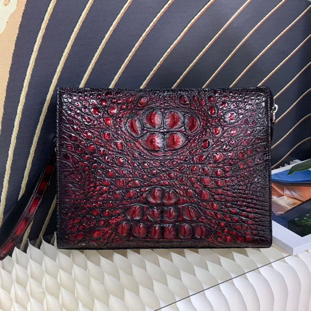 Genuine Crocodile Skin Bone Leather Wrist Handle Clutch Wallet Bag Vintage Red