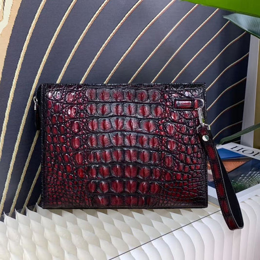 Clutch vintage rossa con manico da polso, portafoglio, in vera pelle di coccodrillo e pelle color osso