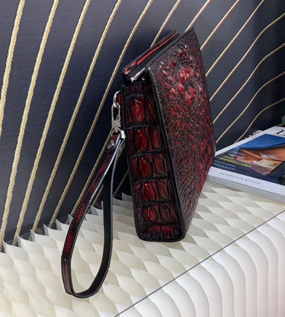 Genuine Crocodile Skin Bone Leather Wrist Handle Clutch Wallet Bag Vintage Red
