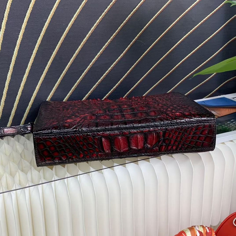 Genuine Crocodile Skin Bone Leather Wrist Handle Clutch Wallet Bag Vintage Red