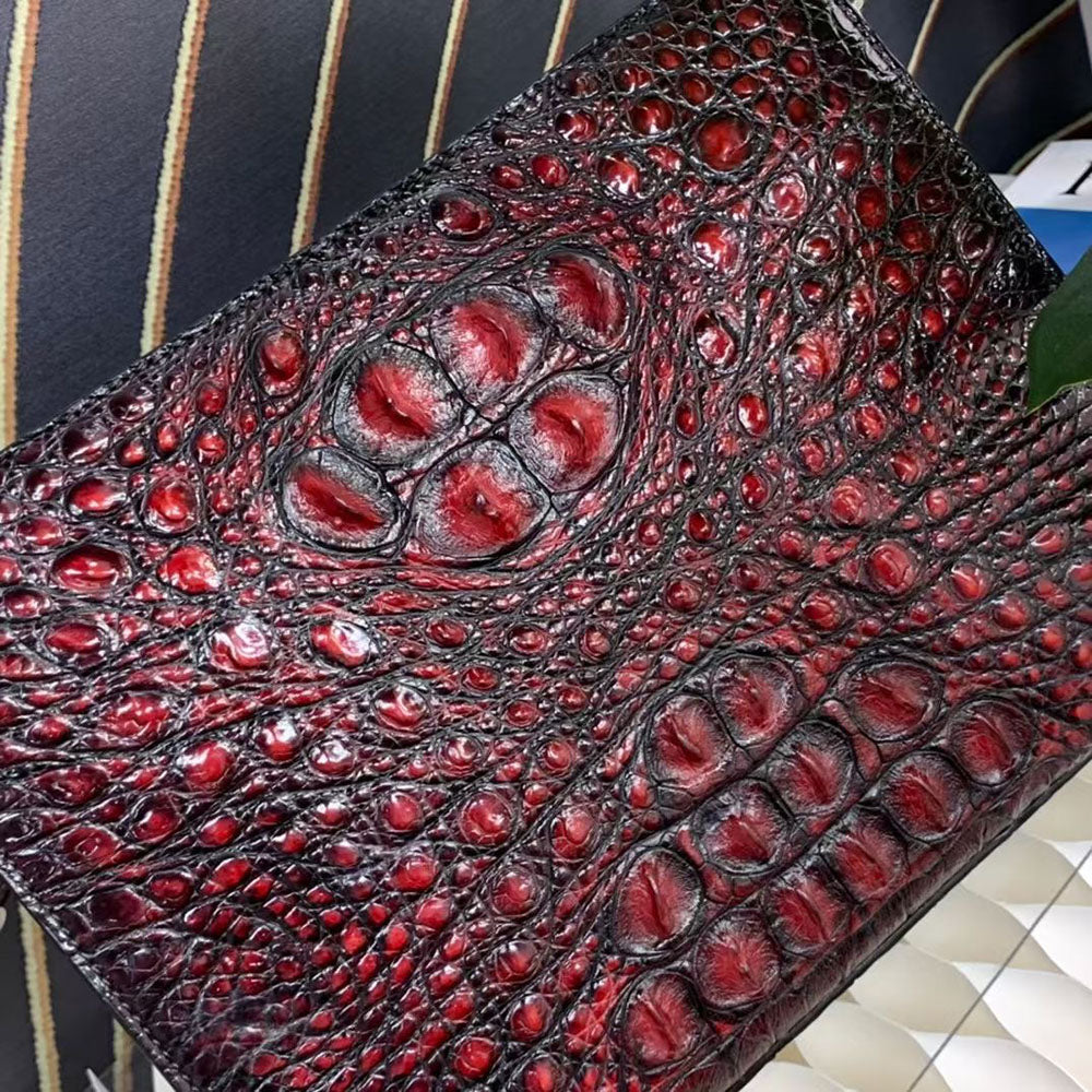 Genuine Crocodile Skin Bone Leather Wrist Handle Clutch Wallet Bag Vintage Red