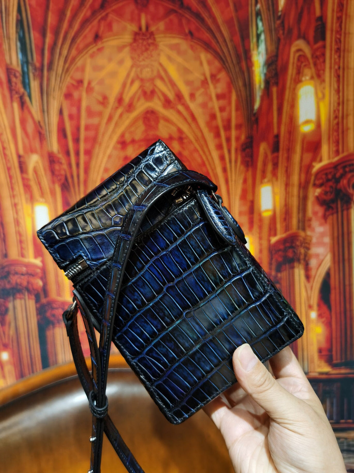 Rossie Viren genuine crocodile skin leather clutch bag with camera and phone compartments, stylish and luxurious accessory.