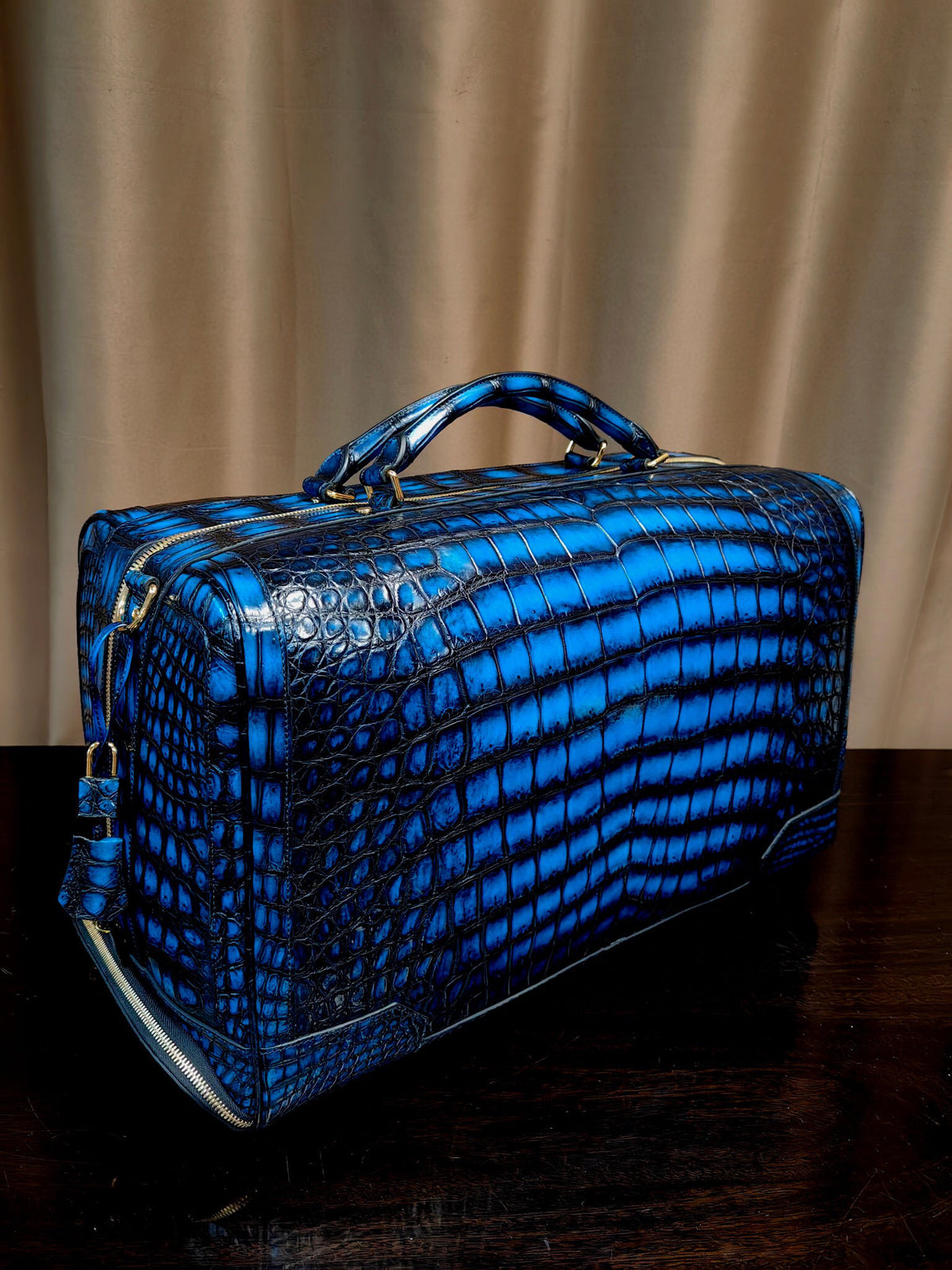Genuine Crocodile Skin Leather Large Duffel Roller Handle Shoulder Business Travel Bag Vintage Blue