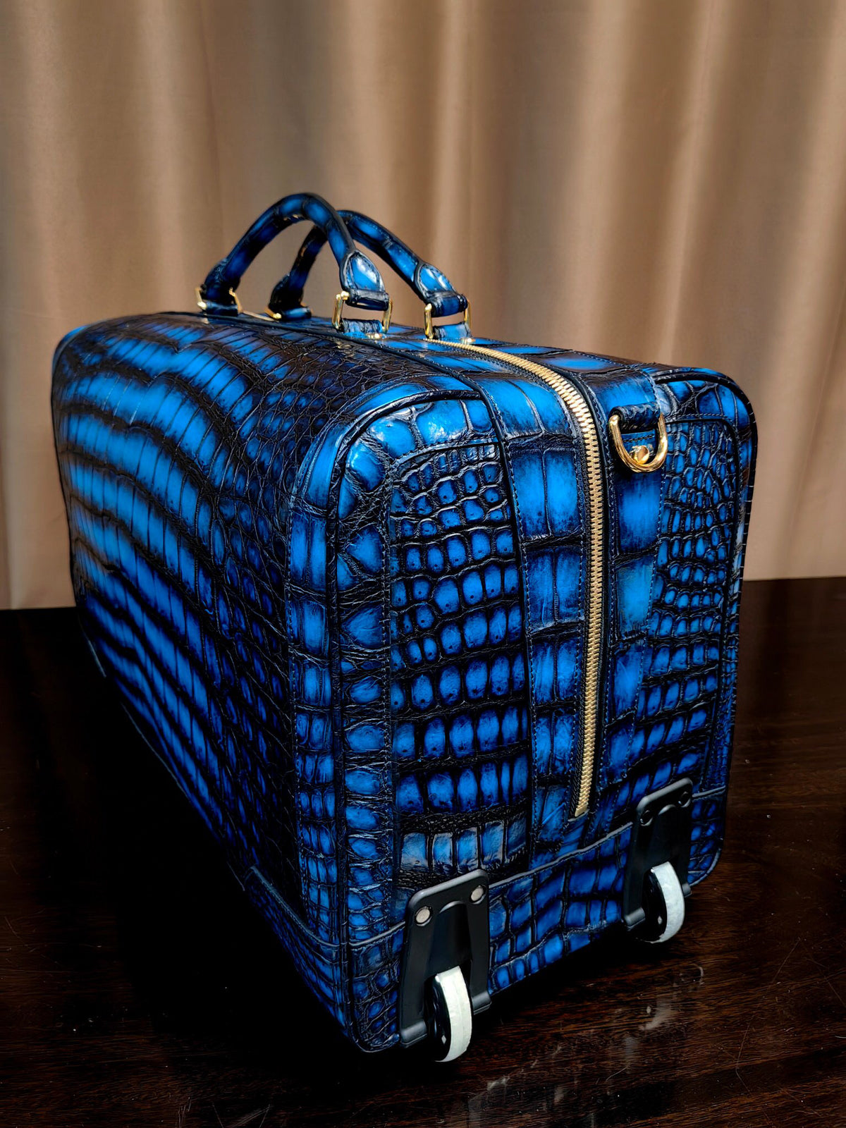 Genuine Crocodile Skin Leather Large Duffel Roller Handle Shoulder Business Travel Bag Vintage Blue