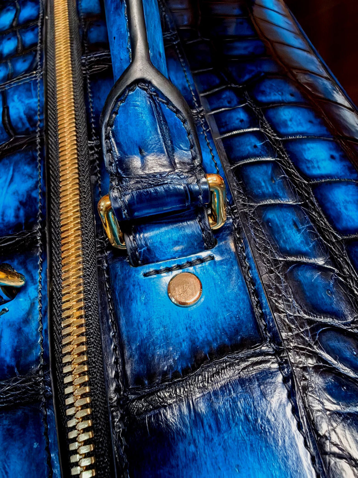 Genuine Crocodile Skin Leather Large Duffel Roller Handle Shoulder Business Travel Bag Vintage Blue