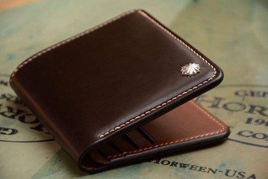 Handmade portafoglio corto in pelle Horween Shell Cordovan USA, portacarte multiplo, portafoglio semplice