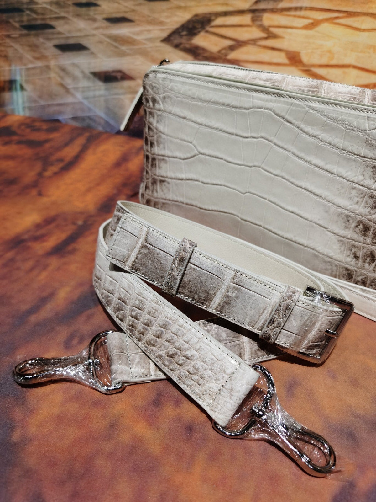 Preorder Himalaya White Genuine Crocodile Skin Leather Shoulder Chest Cross Body Clutch Bag