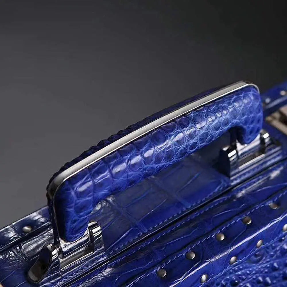 Black crocodile leather men's attache case by Rossie Viren, large business professional travel bag with sturdy handle and sleek design.