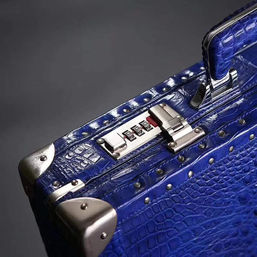 Men's black crocodile leather attache case by Rossie Viren, large professional business travel bag with sturdy handle and sleek design.