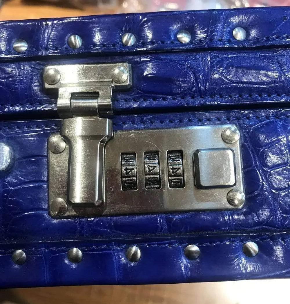 Men's black crocodile leather attache case by Rossie Viren, large professional business travel bag with a sleek design.