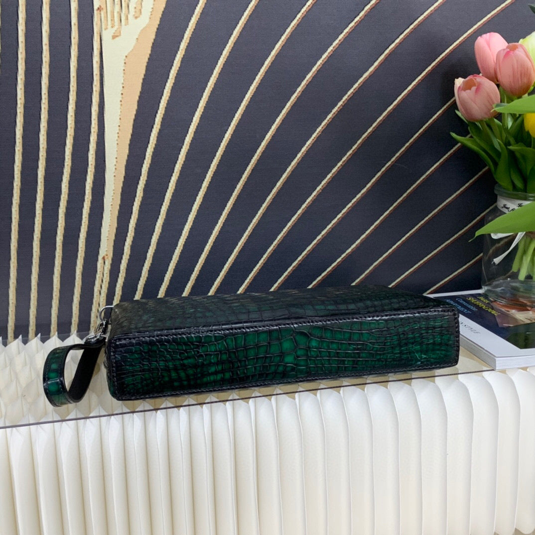 Mens vintage genuine crocodile skin leather clutch by Rossie Viren, featuring a sleek design and textured crocodile pattern.