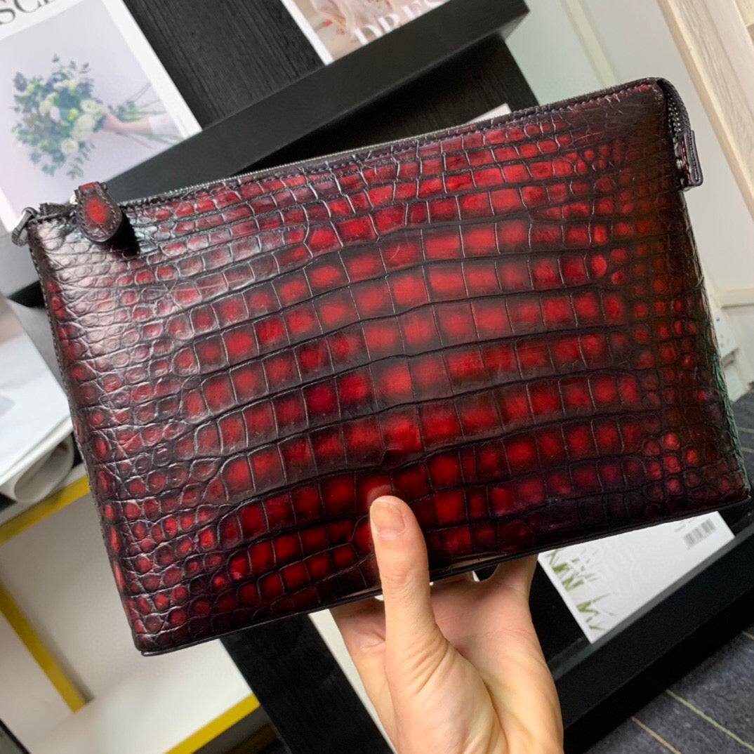 Mens Vintage Genuine Crocodile Skin Leather Clutch