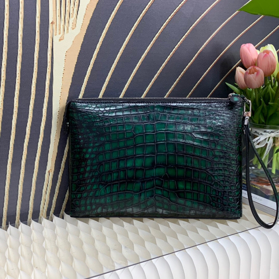 Mens vintage genuine crocodile skin leather clutch by Rossie Viren, showcasing a sleek, textured crocodile pattern with a classic design.