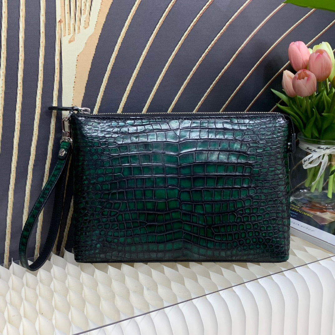 Mens vintage genuine crocodile leather clutch bag by Rossie Viren, featuring textured crocodile skin and classic design.