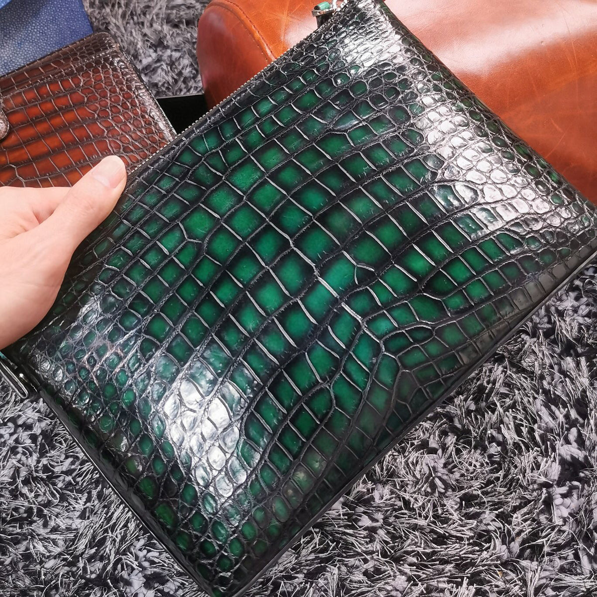 Men's vintage genuine crocodile skin leather clutch by Rossie Viren, featuring a sleek, textured crocodile pattern and classic design.