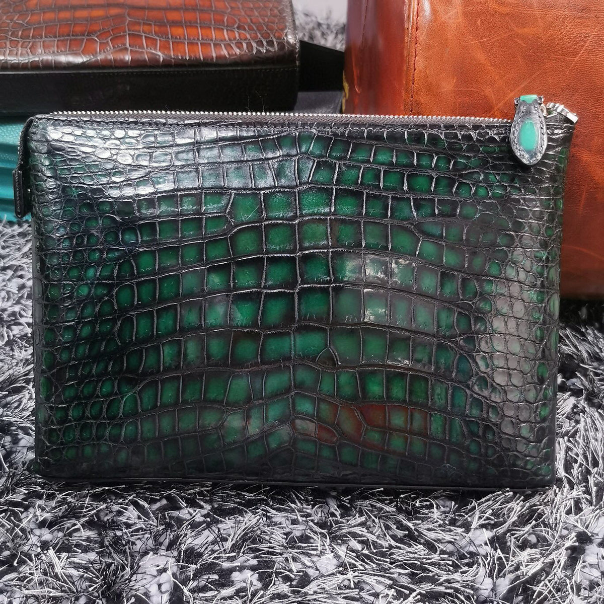 Mens vintage genuine crocodile leather clutch by Rossie Viren, featuring textured crocodile skin and classic design.