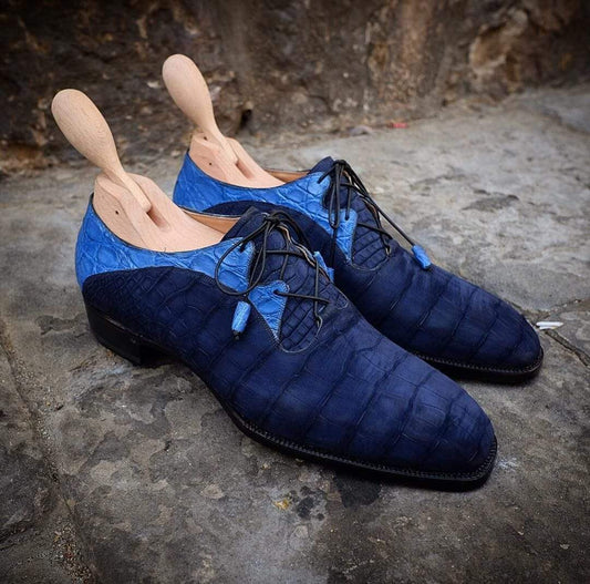 Preordine Scarpe formali stringate in vera pelle di pancia di coccodrillo blu scuro per uomo, suola Goodyear