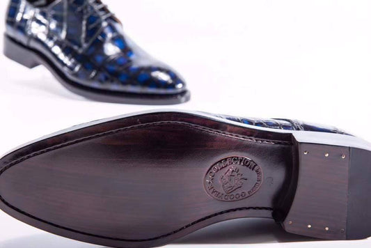 Scarpe stringate da uomo in pelle di coccodrillo fatte a mano, blu scuro, in preordine