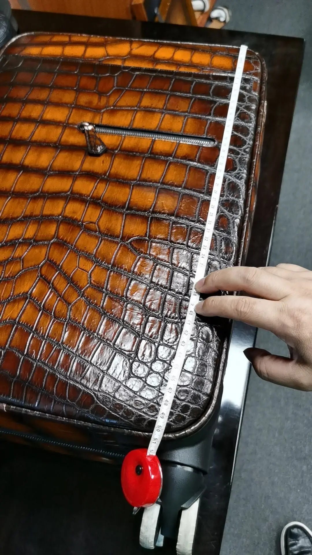 Retro brown crocodile leather suitcase by Rossie Viren, 20-inch trolley case with universal wheels, ideal for weekend travel.