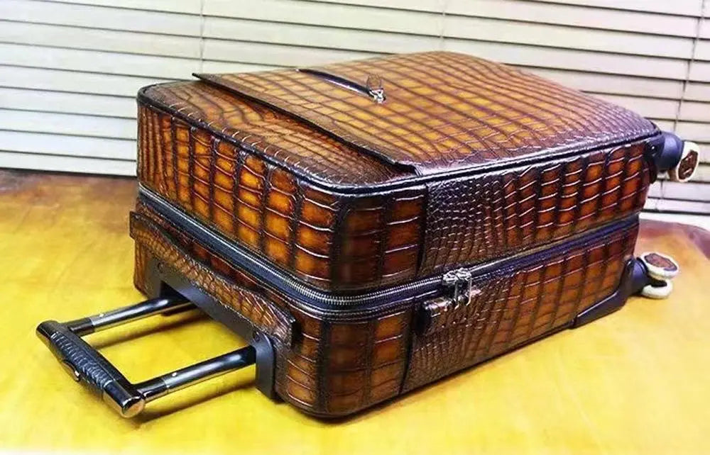 Retro Brown Crocodile Leather Trolley/Roll Aboard Suitcase Weekend/Travel Bag Trolley Case Universal Wheels 20-Inch