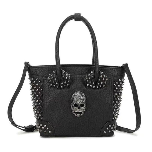 Borsa shopper 3D con teschio borchiato, borsa tote con teschio borchiato