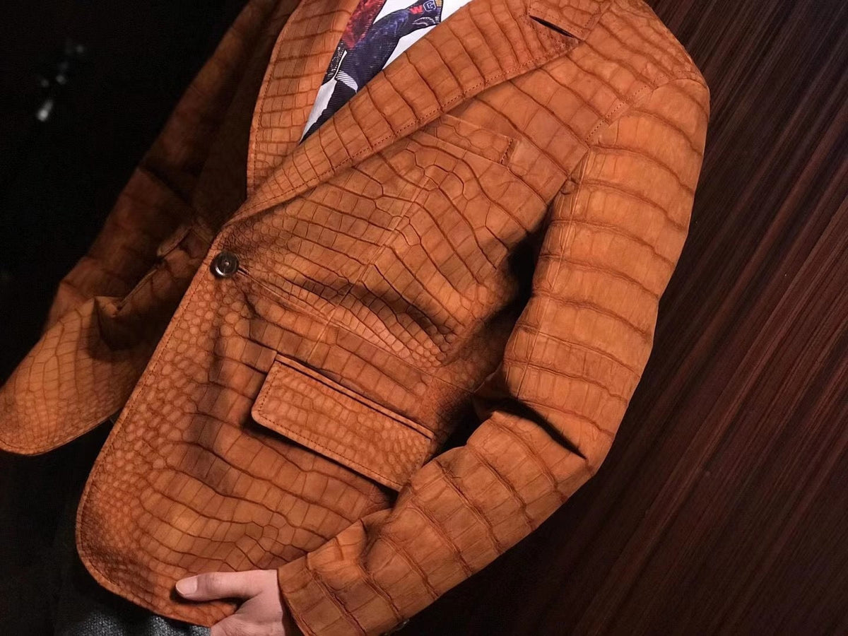 Stylish Orange Nubuck Crocodile Leather Suite Blazer