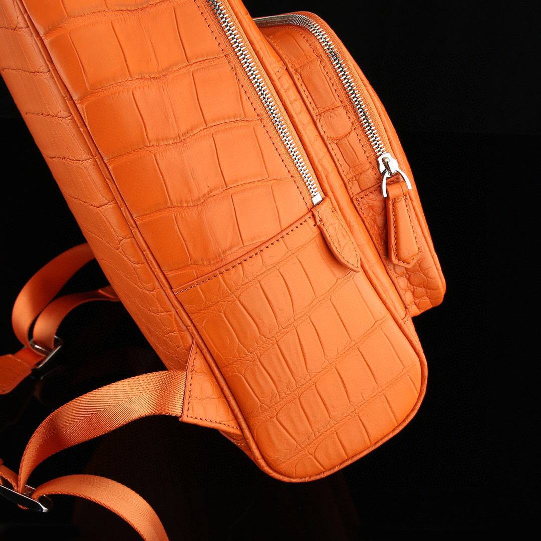 Unisex Genuine Crocodile Leather Backpack Orange