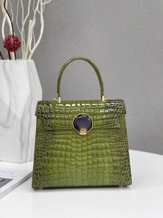 Women's High Glossy Beaded Crocodile Leather Top Handle Cross Body Bag