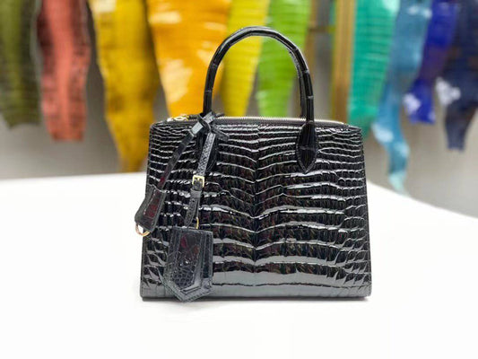 Women's High Glossy Beaded Crocodile Leather Top Handle Cross Body Bag