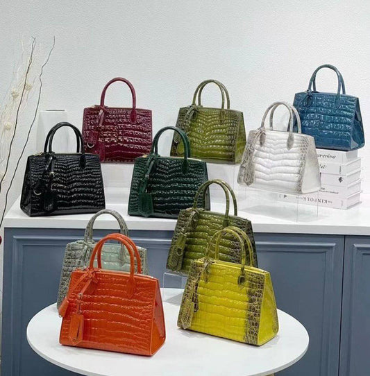 Women's High Glossy Beaded Crocodile Leather Top Handle Cross Body Bag