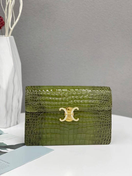 Women's High Glossy Beaded Crocodile Leather Top Handle Cross Body Bag Himalaya Green