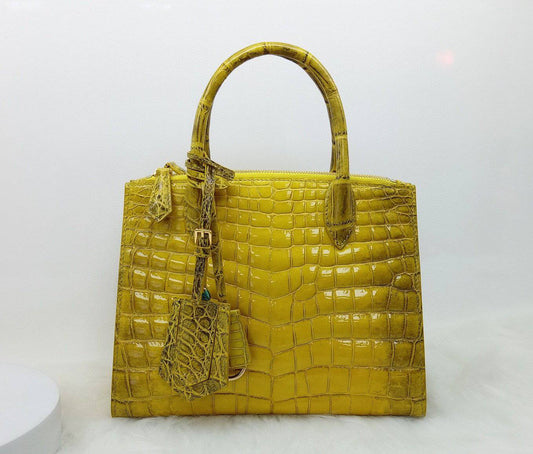 Women's High Glossy Beaded Crocodile Leather Top Handle Cross Body Bag Himalaya Yellow