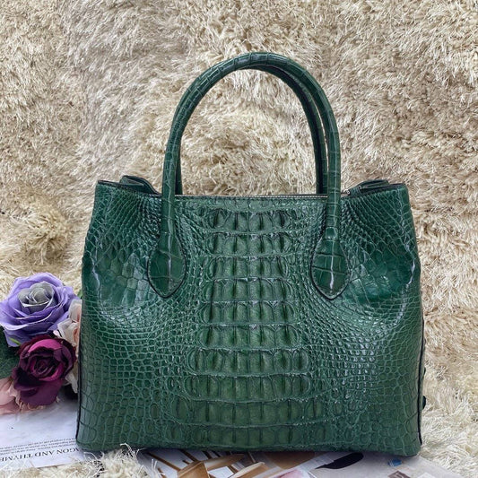 Womens Crocodile Skin Leather Satchel Bag 30cm Dark Green