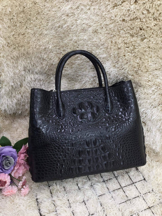 Borsa da donna a cartella in pelle effetto coccodrillo 30 cm nera