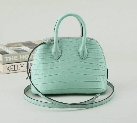 Womens Genuine Crocodile Leather Small Shell Promennade Trapezoid Cross Body Bag Pale Green