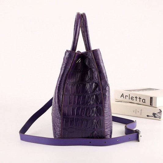 Womens borsa a mano da donna in vera pelle di coccodrillo con manico superiore, viola, 32 cm