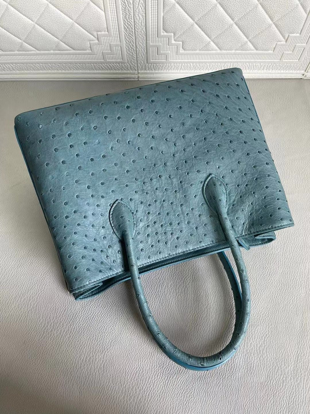 Womens Ostrich Leather Top Handle Shoulder Cross Body Bags Coral Blue & Yellow 33cm