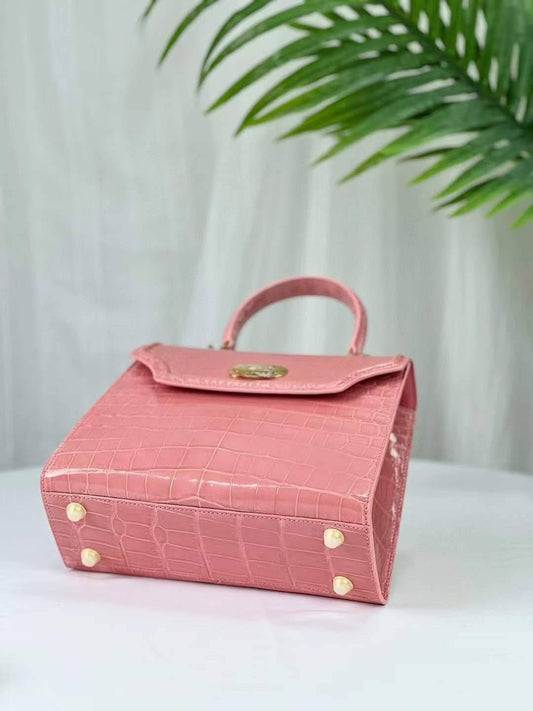 Womens Pale Rose Pink Shiny Crocodile Leather Top Handle Cross Body Bag
