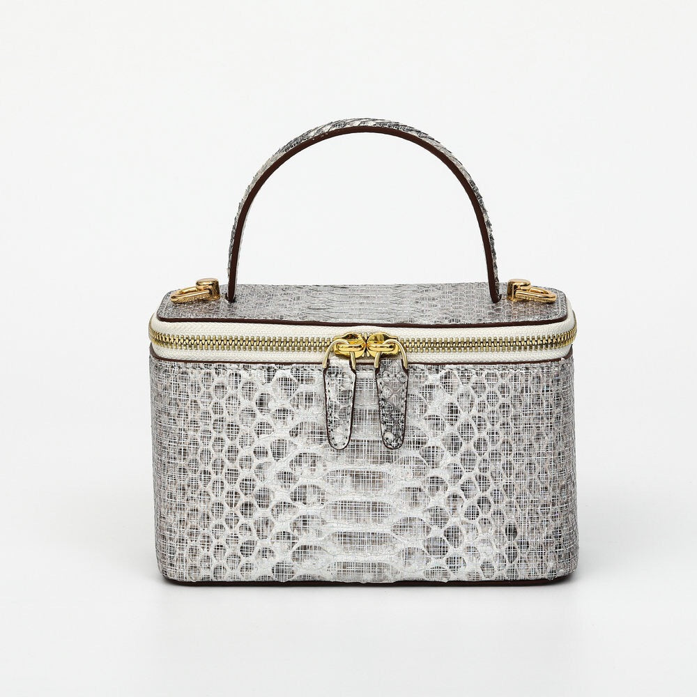 Womens Python Leather Top Handle Cosmetic Cross Body Bag