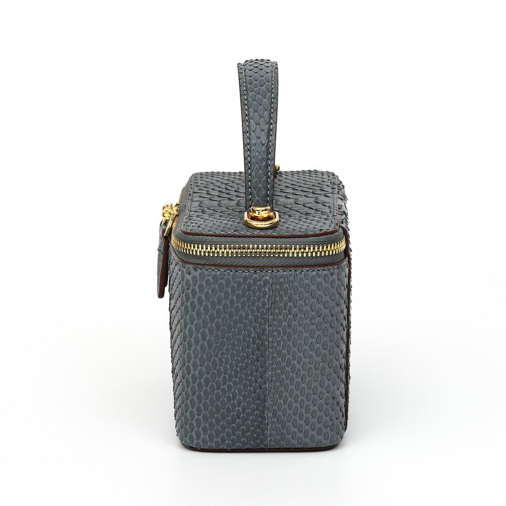 Womens Python Leather Top Handle Cosmetic Cross Body Bag