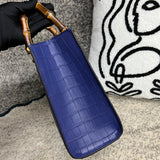 Crocodile Skin Leather Shoulder Crossbody Bag With Bamboo Handle Blue