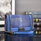 Designer Genuine Stingray Skin Leather Flap Purse Cross Body Shoulder Bag Blue